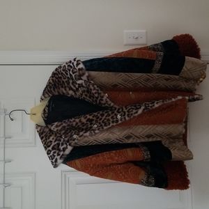 Indigo Moon Patchwork Tapestry Velvet Fur Collar Coat szL